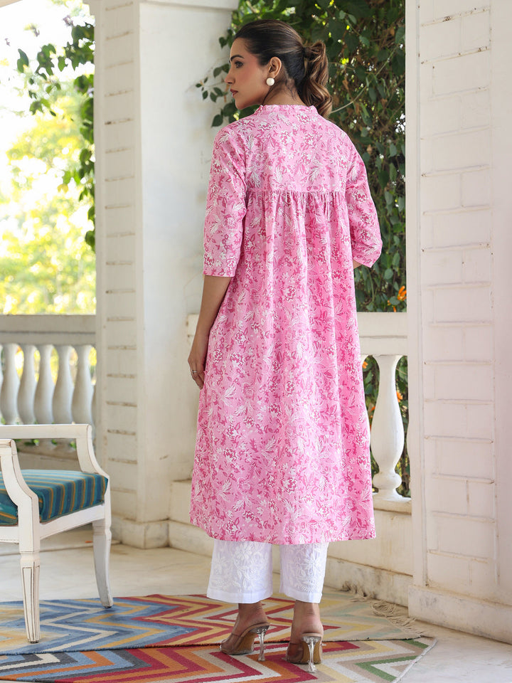 Pink Pure Cotton Floral Printed Empire Kurta - qivii