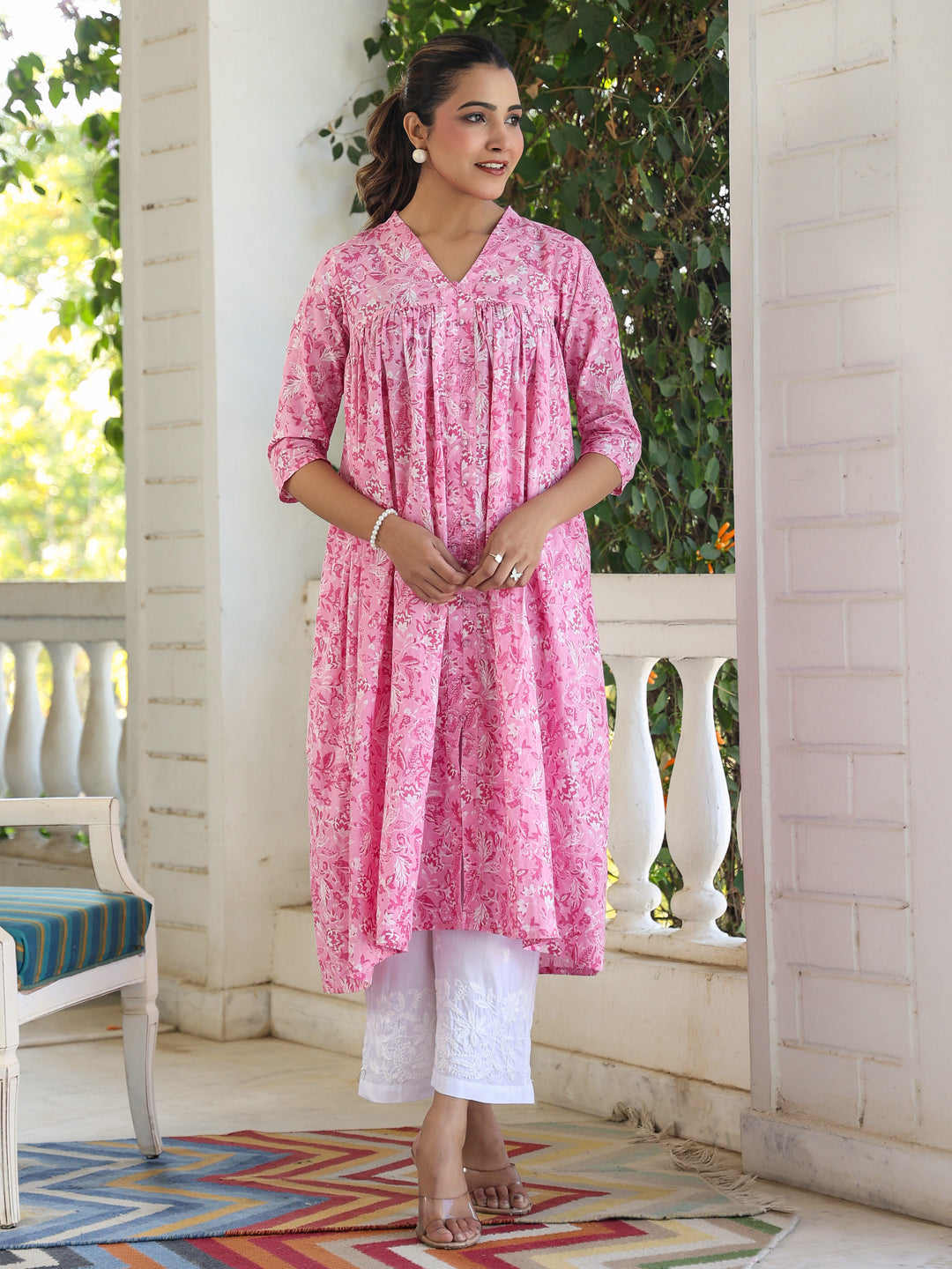 Pink Pure Cotton Floral Printed Empire Kurta - qivii