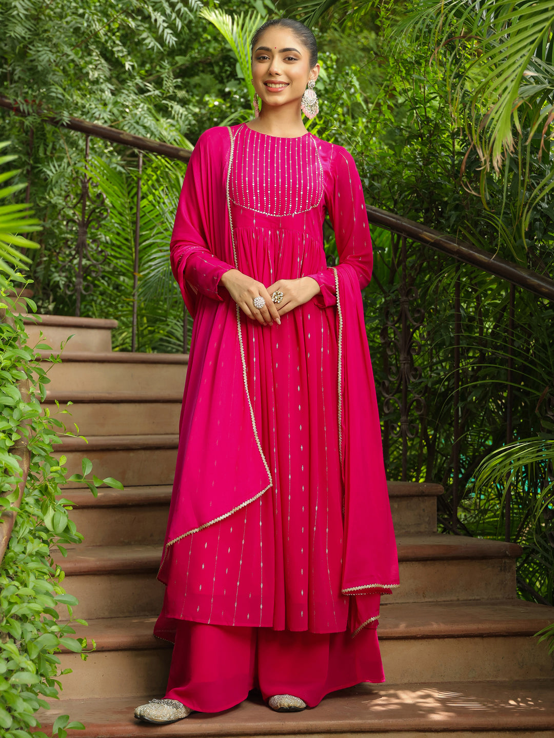 Pink Georgette Foil Printed Anarkali Kurta Set