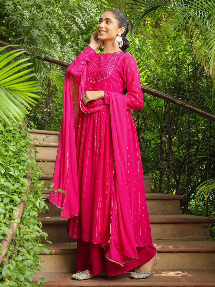 Pink Georgette Foil Printed Anarkali Kurta Set - qivii