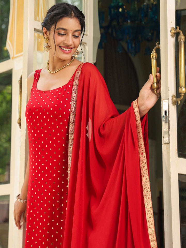 Maroon Rayon Foil Printed Straight Kurta Set - qivii