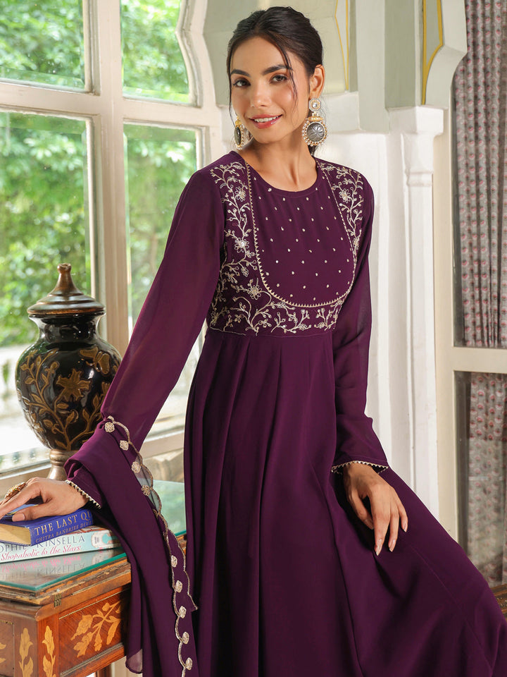 Purple Georgette Embroidered Anarkali Palazzo Set - qivii