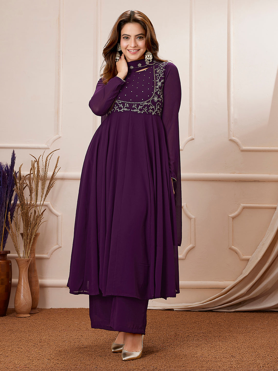 Purple Georgette Embroidered Anarkali Palazzo Set - qivii