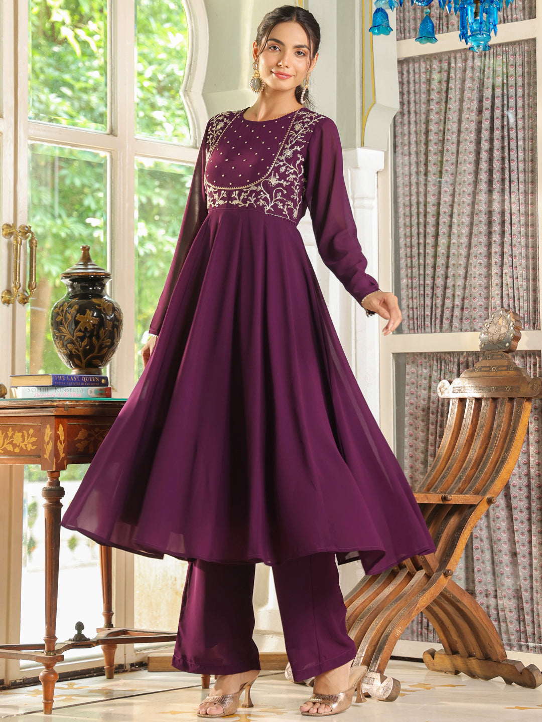 Purple Georgette Embroidered Anarkali Palazzo Set - qivii