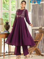 Purple Georgette Embroidered Anarkali Palazzo Set