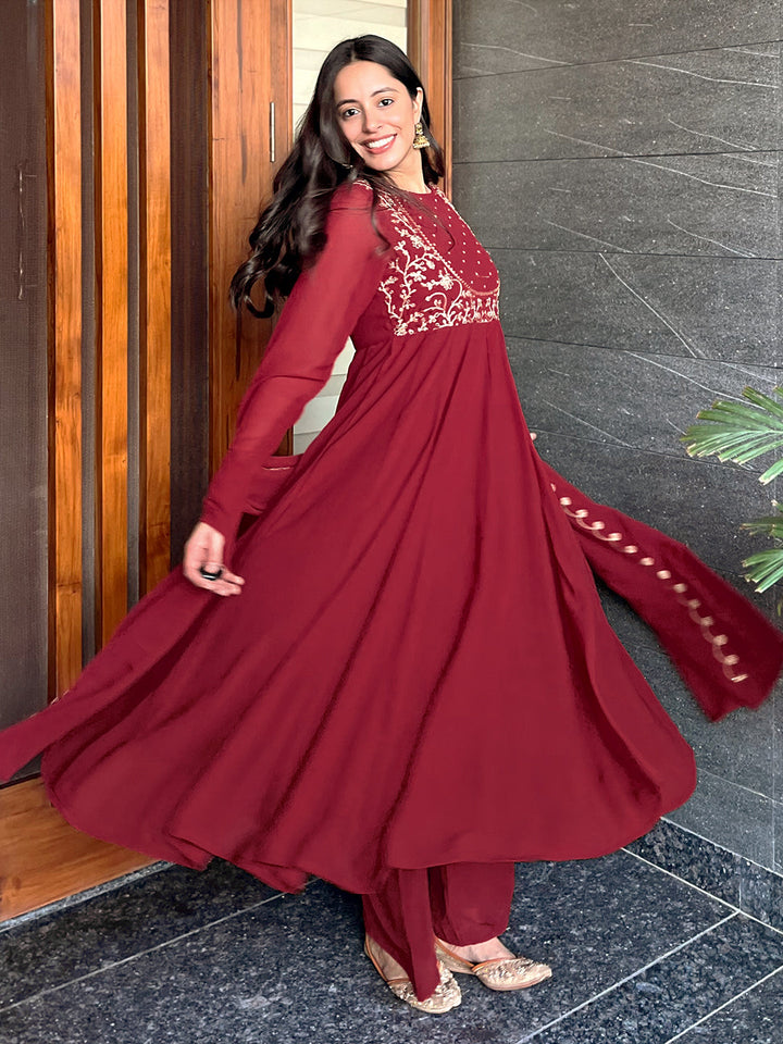 Maroon Georgette Embroidered Anarkali Kurta Set - qivii
