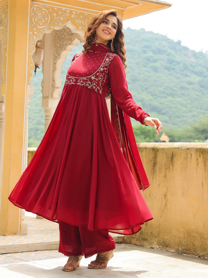 Maroon Georgette Embroidered Anarkali Kurta Set - qivii