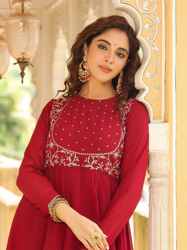 Maroon Georgette Embroidered Anarkali Kurta Set - qivii