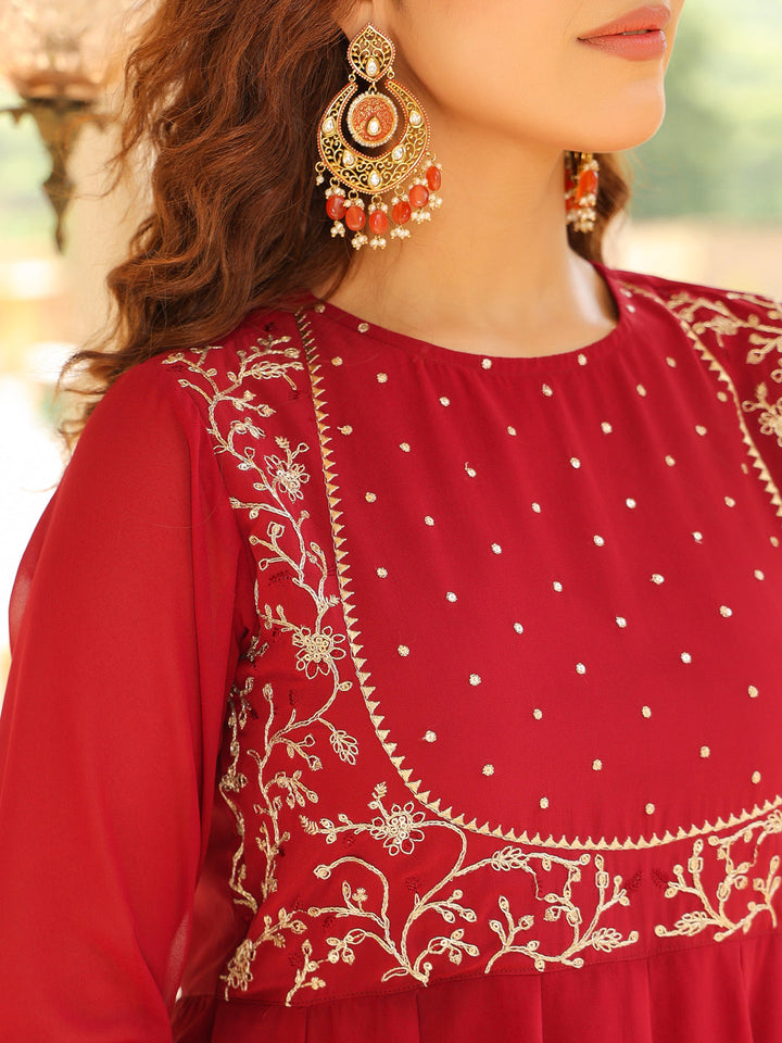 Maroon Georgette Embroidered Anarkali Kurta Set - qivii