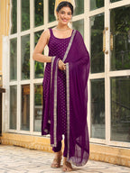 Purple Rayon Foil Printed Straight Kurta Set