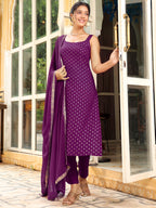 Purple Rayon Foil Printed Straight Kurta Set