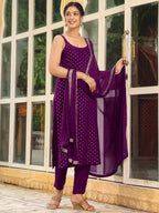 Purple Rayon Foil Printed Straight Kurta Set