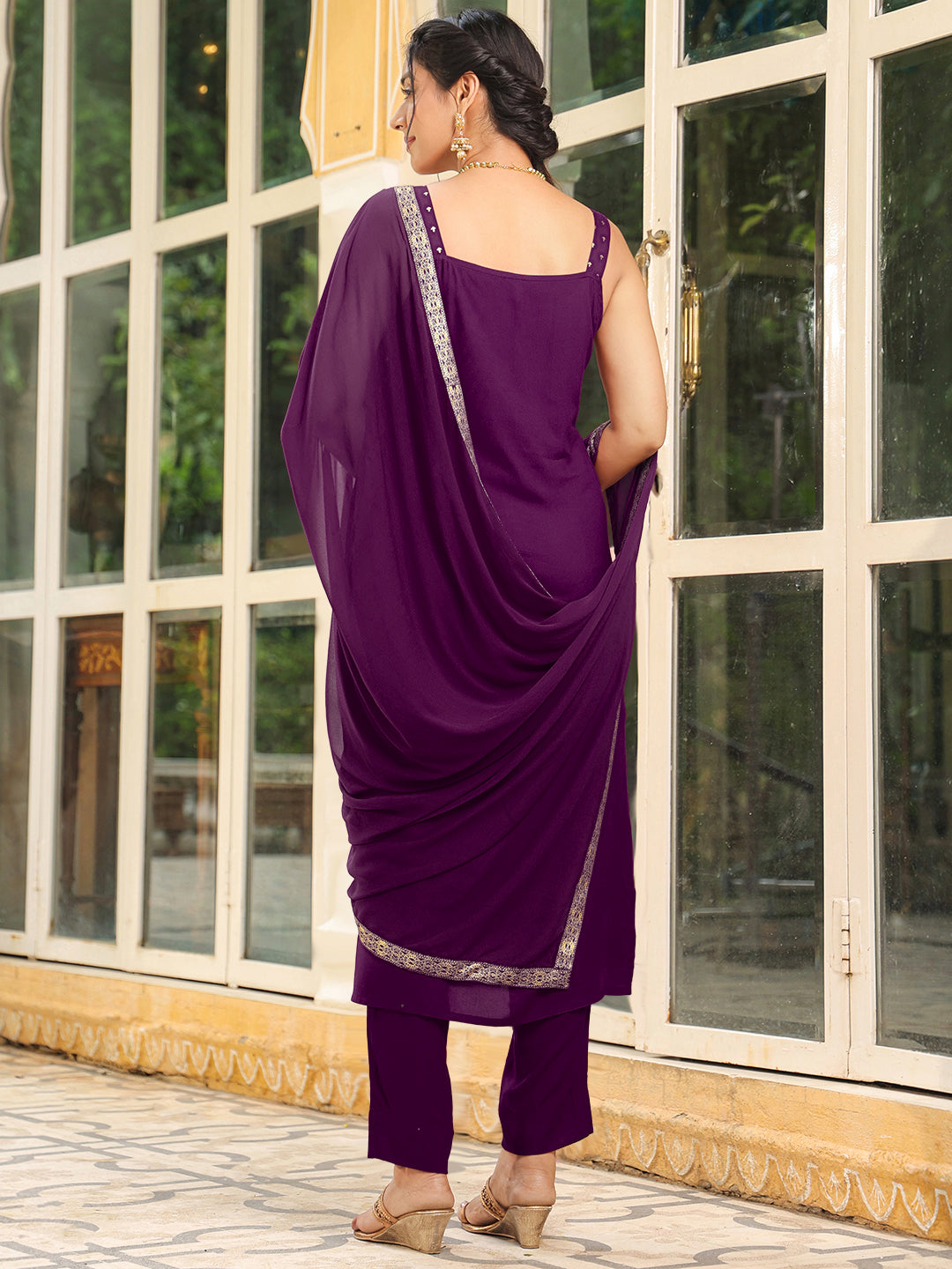 Purple Rayon Foil Printed Straight Kurta Set