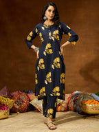Janasya Women's Navy Blue Pure Cotton Floral Printed Straight Co-ord Set
