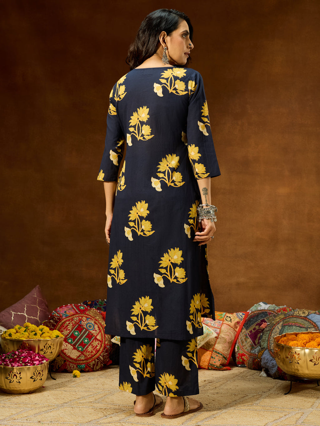 Janasya Women's Navy Blue Pure Cotton Floral Printed Straight Co-ord Set
