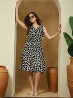 Janasya Women's Black & White Linen Cotton Abstract Printed A-line Dress