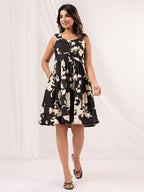 Janasya Women's Black & Cream Pure Cotton Floral Printed Fit & Flare Dress