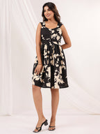 Janasya Women's Black & Cream Pure Cotton Floral Printed Fit & Flare Dress