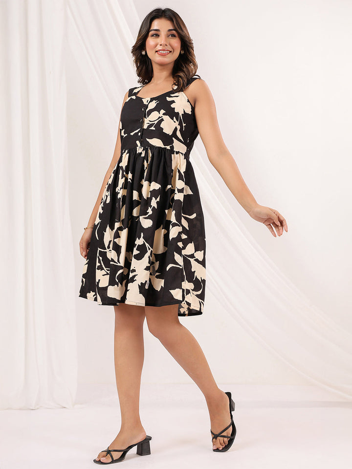 Janasya Women's Black & Cream Pure Cotton Floral Printed Fit & Flare Dress - qivii