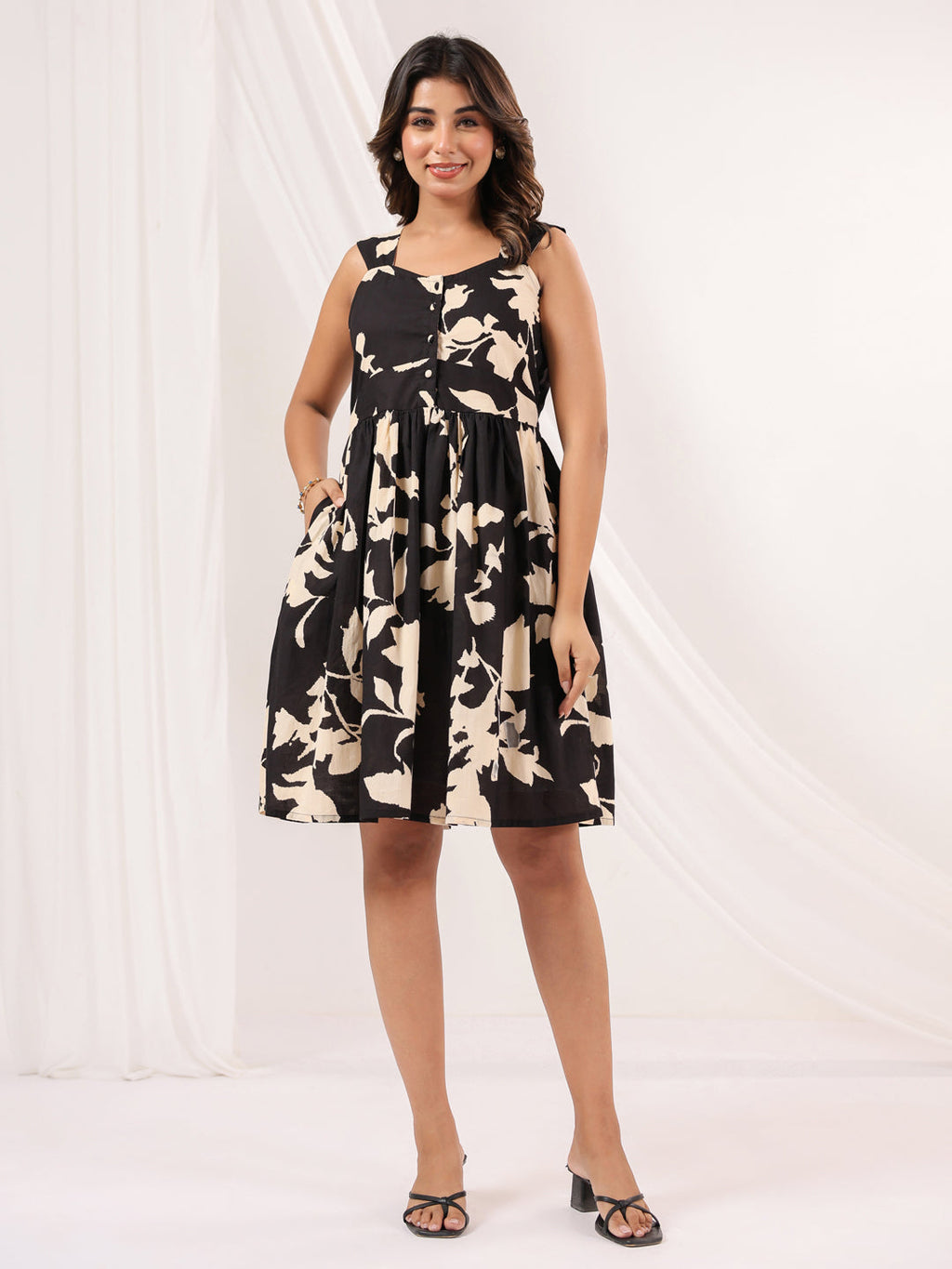 Janasya Women's Black & Cream Pure Cotton Floral Printed Fit & Flare Dress