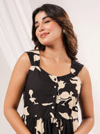 Janasya Women's Black & Cream Pure Cotton Floral Printed Fit & Flare Dress