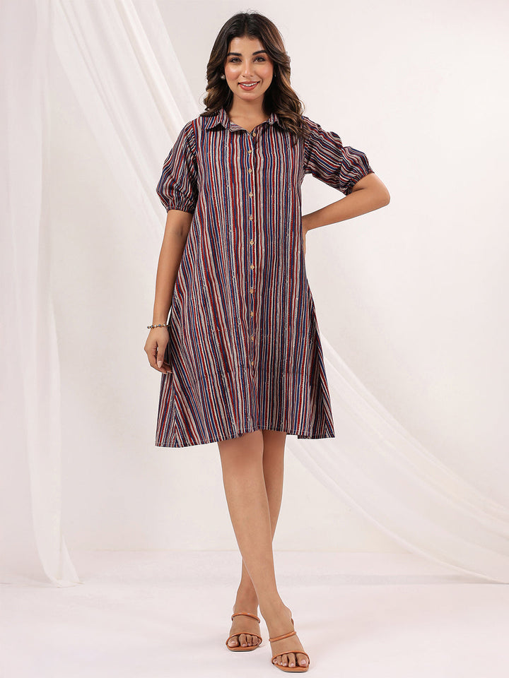 Janasya Women's Multicolor Pure Cotton Striped A-line Dress - qivii