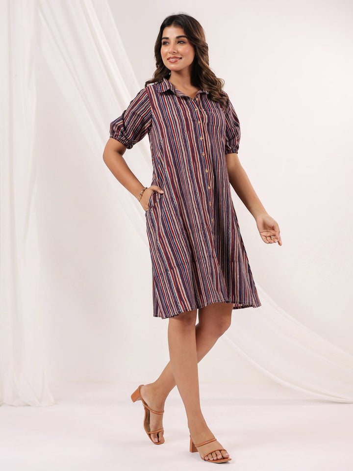 Janasya Women's Multicolor Pure Cotton Striped A-line Dress - qivii
