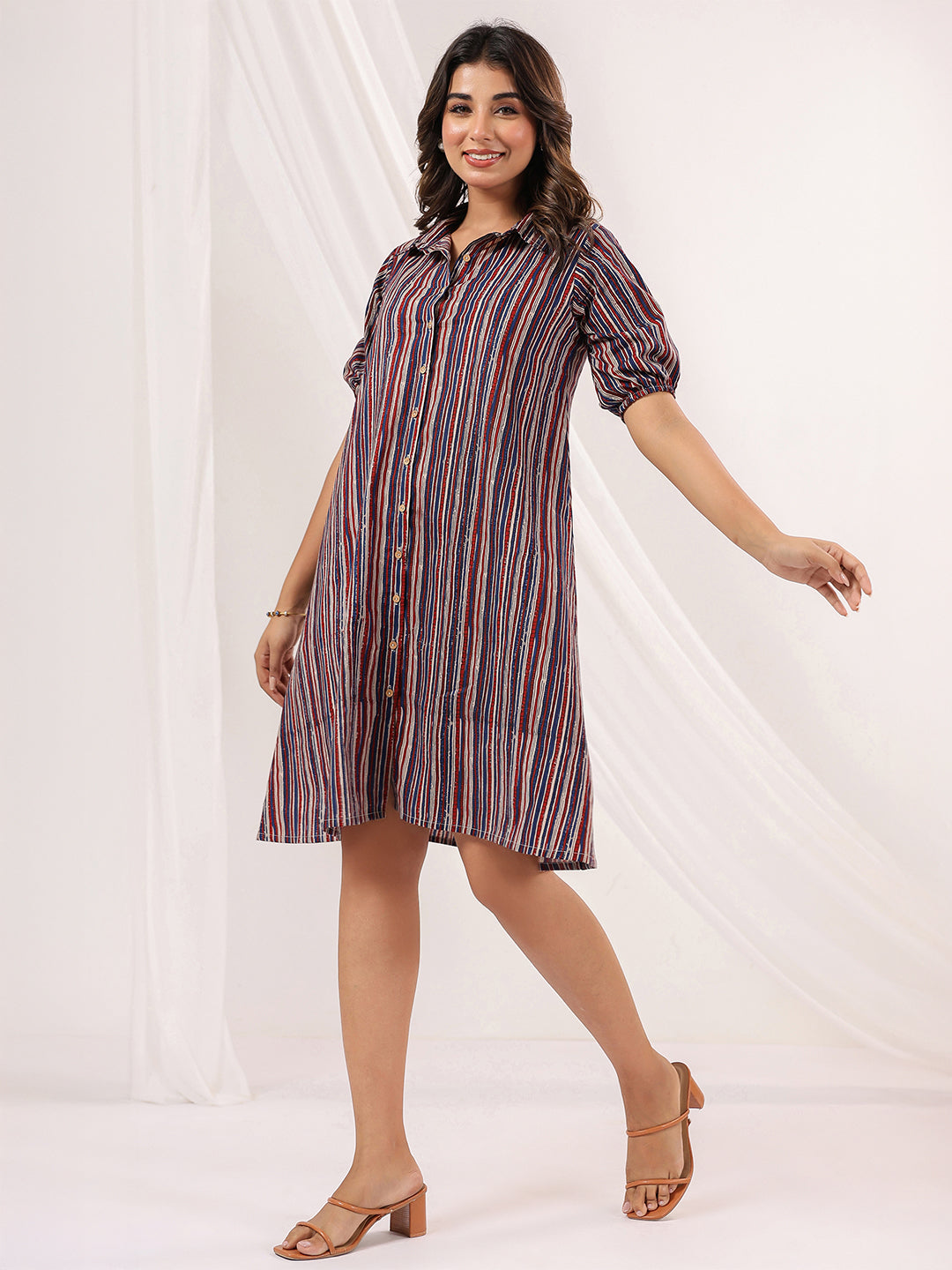 Janasya Women's Multicolor Pure Cotton Striped A-line Dress - qivii