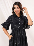 Janasya Women's Black Cotton Abstract Printed A line Dress