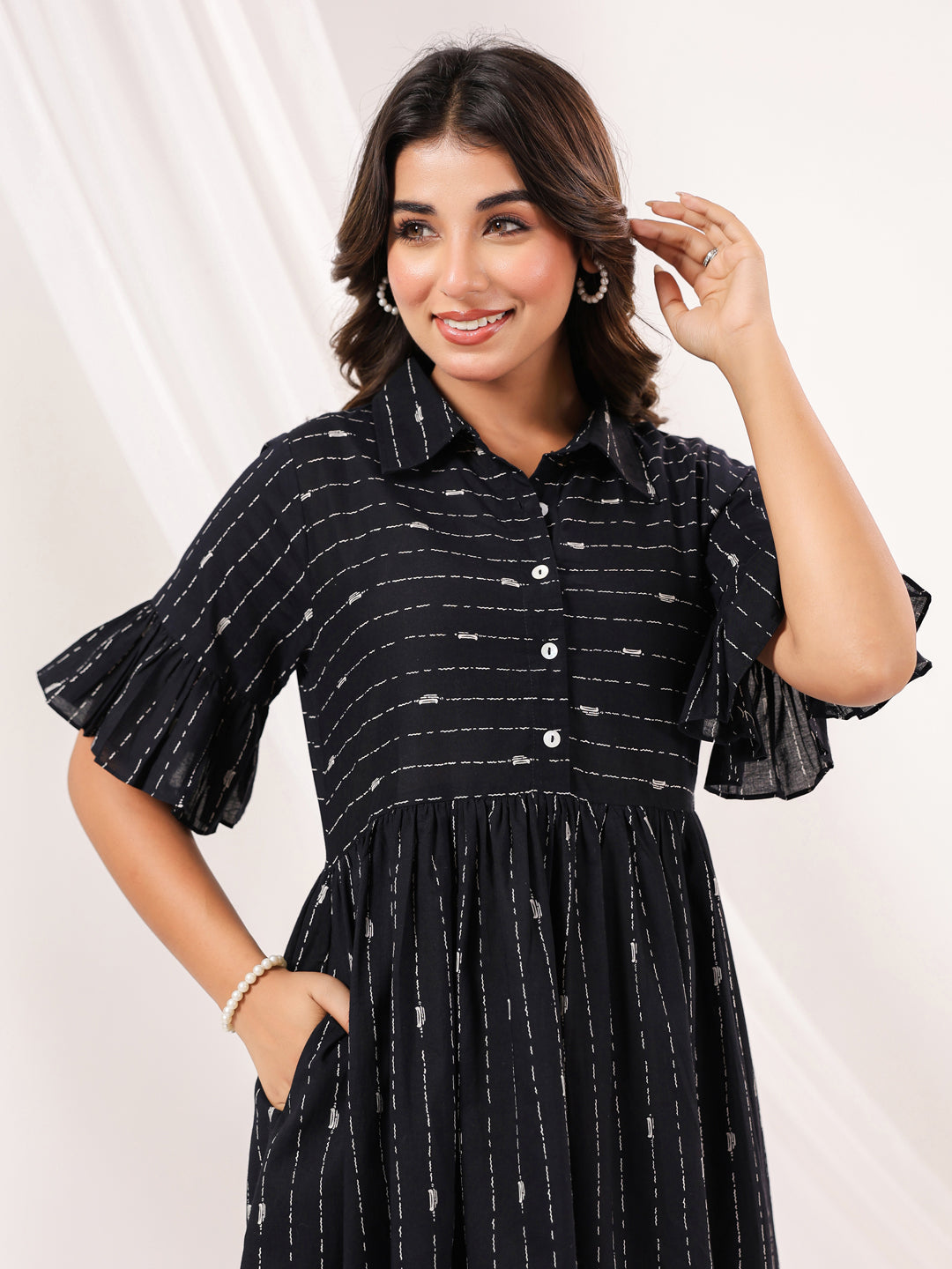 Janasya Women's Black Cotton Abstract Printed A line Dress