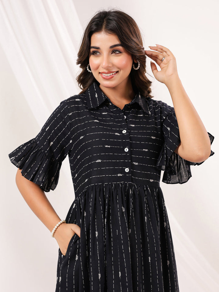 Janasya Women's Black Cotton Abstract Printed A line Dress - qivii