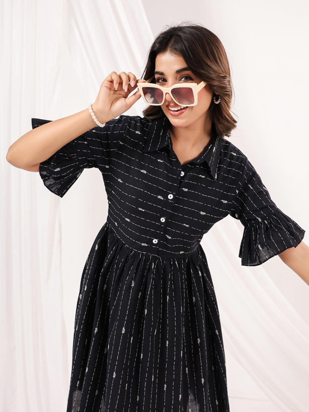 Janasya Women's Black Cotton Abstract Printed A line Dress - qivii