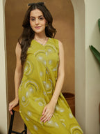 Janasya Women's Olive Green Pure Cotton Abstract Printed A-line Dress