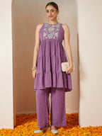 Janasya Women's Lavender Georgette Embellished Tiered Kurta With Palazzo Set