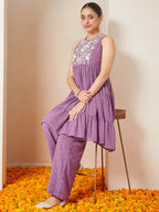 Janasya Women's Lavender Georgette Embellished Tiered Kurta With Palazzo Set