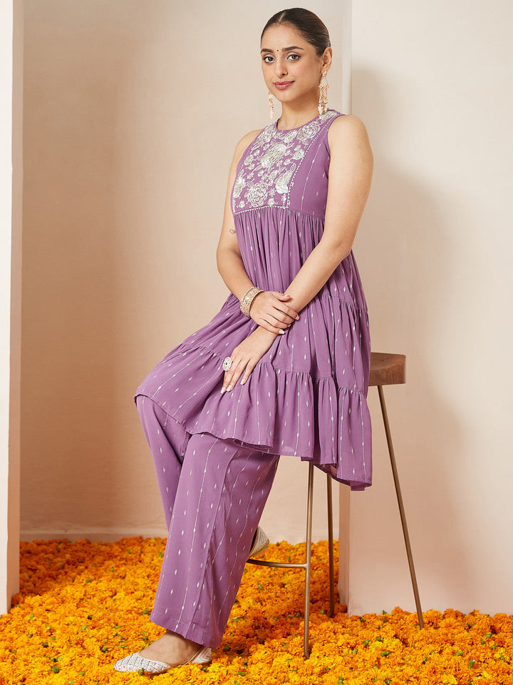 Janasya Women's Lavender Georgette Embellished Tiered Kurta With Palazzo Set - qivii