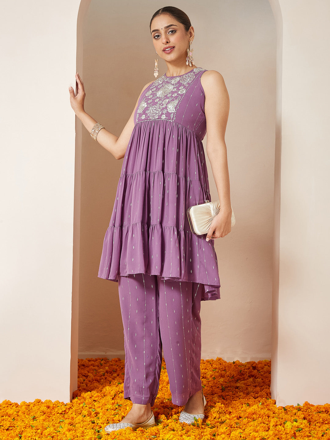 Janasya Women's Lavender Georgette Embellished Tiered Kurta With Palazzo Set - qivii