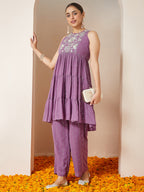 Janasya Women's Lavender Georgette Embellished Tiered Kurta With Palazzo Set