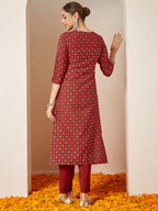 Janasya Women's Maroon Chanderi Silk Embellished Gold Printed Front Slit Kurta Pant Set