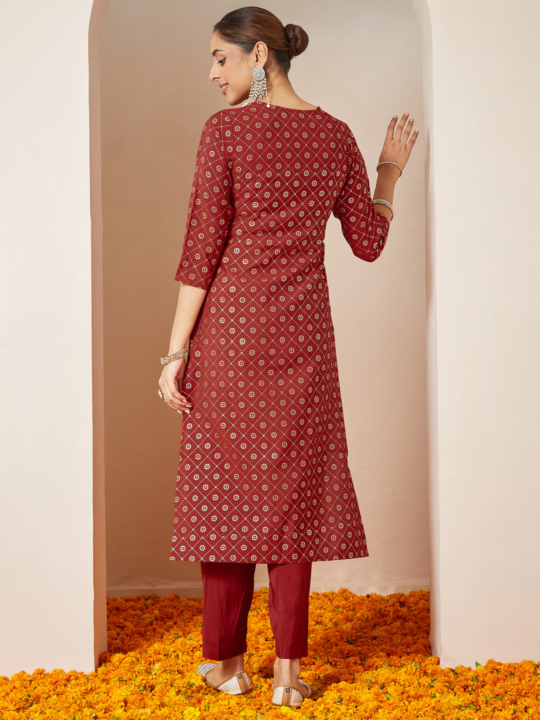 Janasya Women's Maroon Chanderi Silk Embellished Gold Printed Front Slit Kurta Pant Set