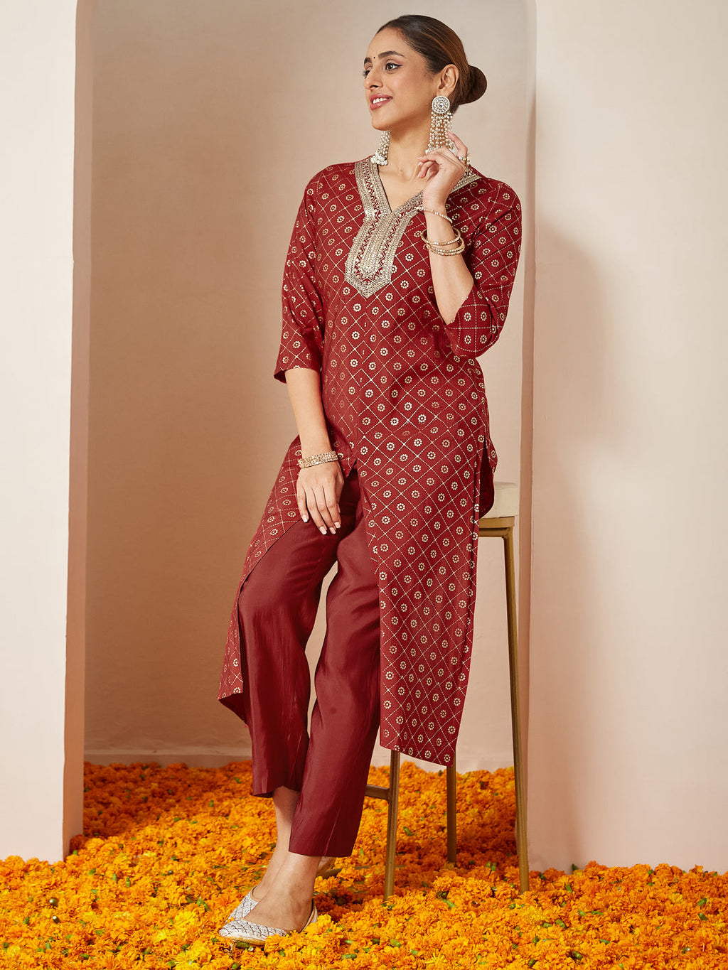 Janasya Women's Maroon Chanderi Silk Embellished Gold Printed Front Slit Kurta Pant Set