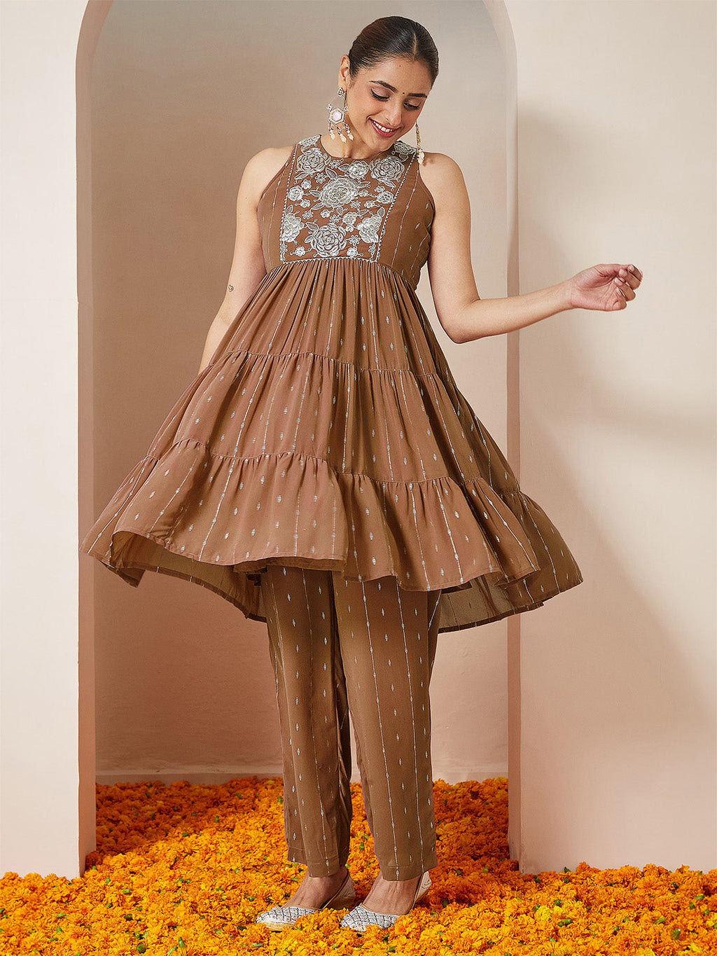 Janasya Women's Brown Georgette Embellished Tiered Kurta With Palazzo Set