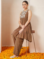 Janasya Women's Brown Georgette Embellished Tiered Kurta With Palazzo Set