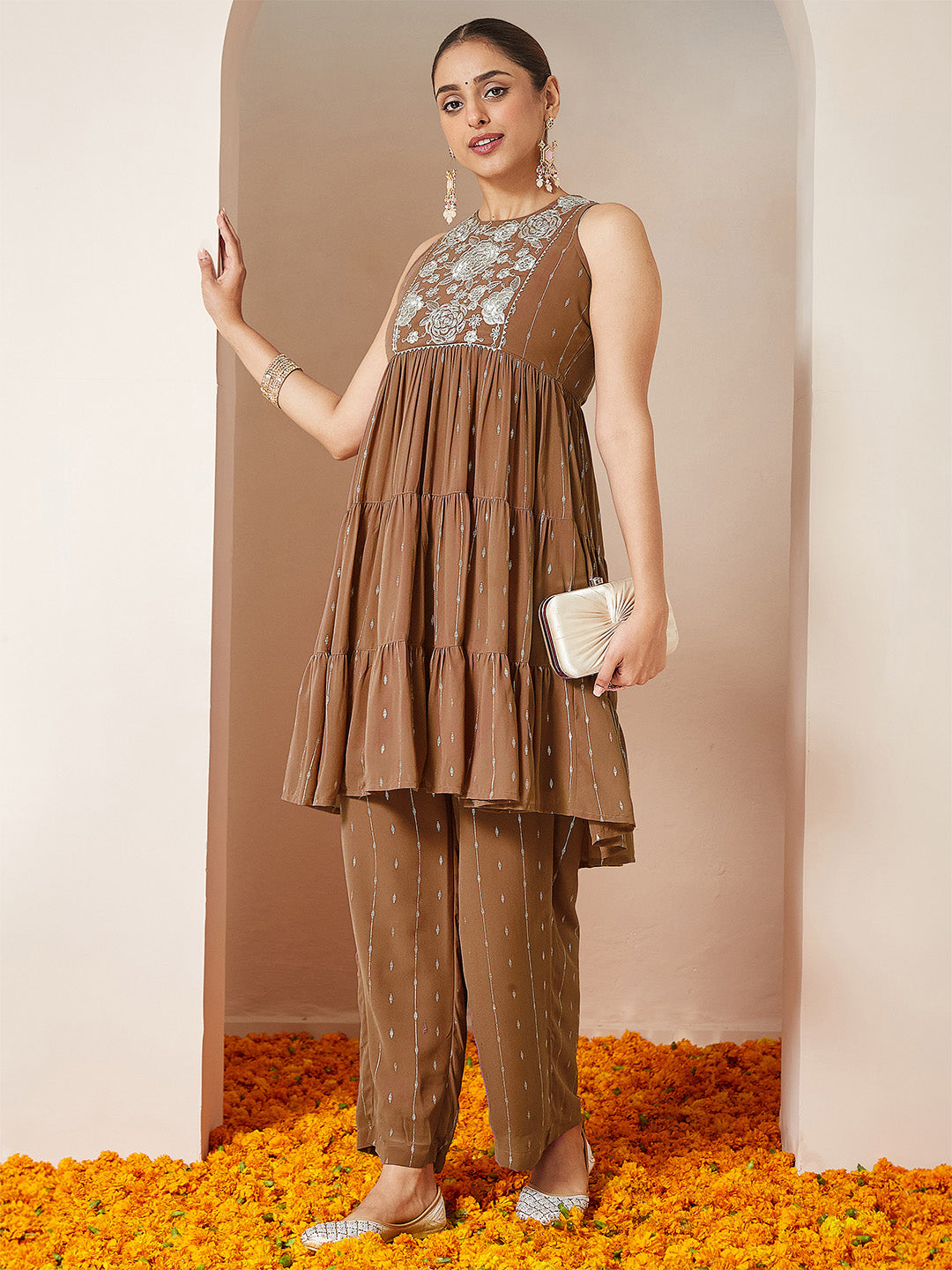 Janasya Women's Brown Georgette Embellished Tiered Kurta With Palazzo Set - qivii