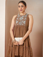 Janasya Women's Brown Georgette Embellished Tiered Kurta With Palazzo Set