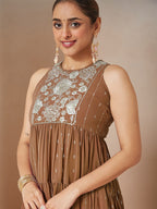 Janasya Women's Brown Georgette Embellished Tiered Kurta With Palazzo Set