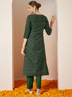 Janasya Women's Dark Green Silk Blend Yoke Embroidered Straight Front-slit Kurta Pant Set