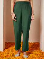 Janasya Women's Dark Green Silk Blend Yoke Embroidered Straight Front-slit Kurta Pant Set