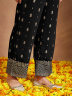 Janasya Women's Black Georgette Embellished Foil Printed Front-open Tiered Kurta Pant Set