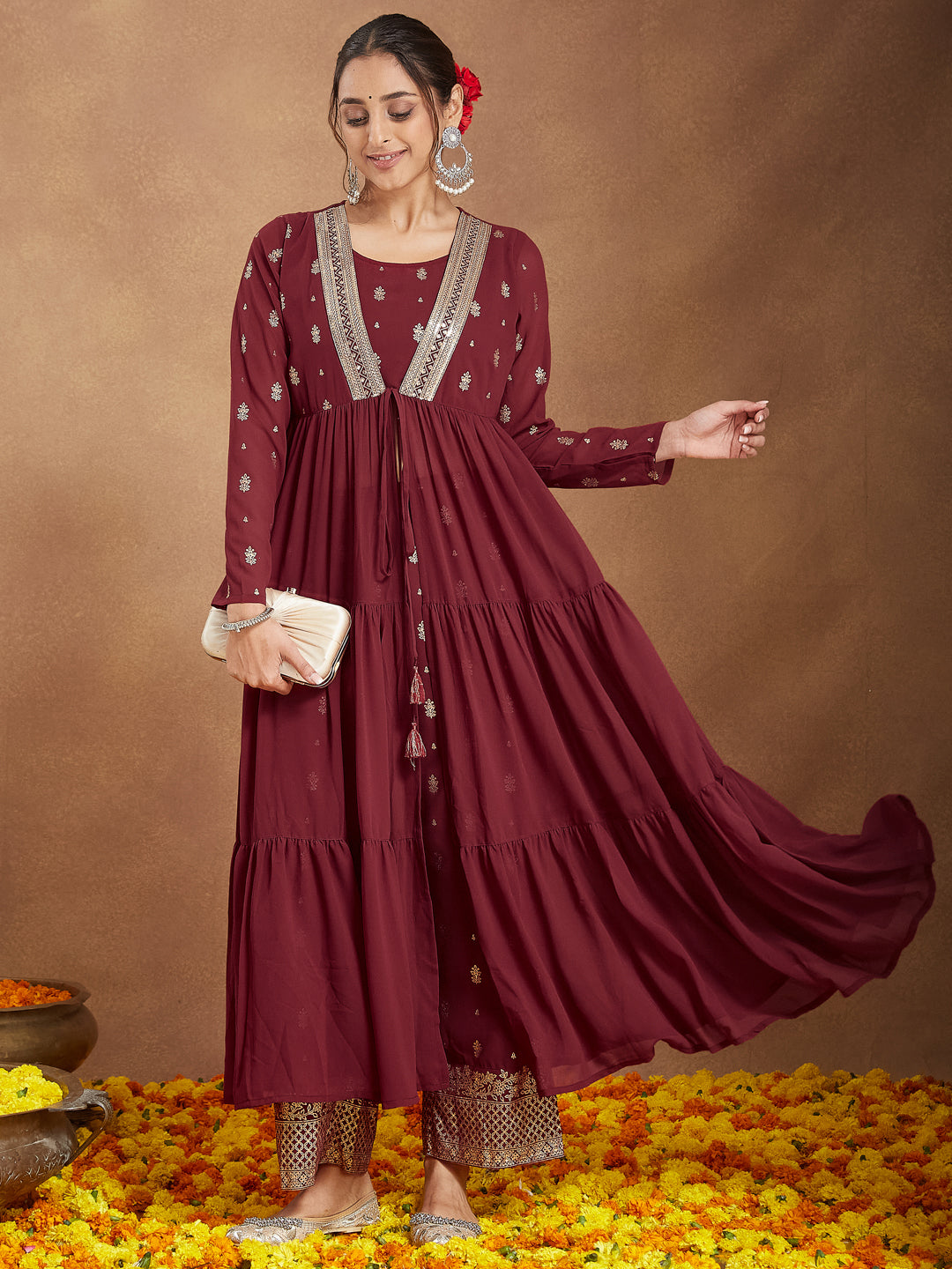 Janasya Women's Maroon Georgette Embellished Foil Printed Front-open Tiered Kurta Pant Set - qivii